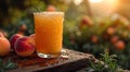 Glass of fresh peach nectarine juice with fruit halves on table and plantation field background.Macro.AI Generative Royalty Free Stock Photo