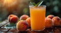 Glass of fresh peach nectarine juice with fruit halves on table and plantation field background.Macro.AI Generative Royalty Free Stock Photo