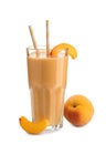 Glass with fresh peach smoothie on white background Royalty Free Stock Photo