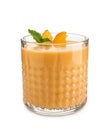 Glass with fresh peach smoothie on white background Royalty Free Stock Photo