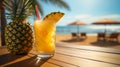 A glass with a fresh pineapple cocktail stands on a table, on a background on the beach and blue sea Royalty Free Stock Photo