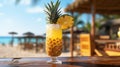 A glass with a fresh pineapple cocktail stands on a wooden table, on a blurred background on the beach Royalty Free Stock Photo