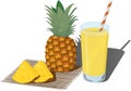 Glass of fresh pineapple juice and whole and cutted pineapples vector illustration