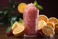 Glass of fresh pressed orange juice and blood oranges on wooden table. Bright summer mood Royalty Free Stock Photo