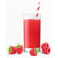 Glass of fresh raspberry juice with berries and striped straw for cocktails, isolated on transparent background. Smoothies of Royalty Free Stock Photo