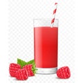 Glass of fresh raspberry juice with berries and striped straw for cocktails, isolated on transparent background. Smoothies of Royalty Free Stock Photo