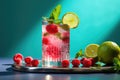 A glass of fresh raspberry mojito on the table