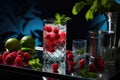 A glass of fresh raspberry mojito on the table