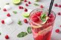 Glass of fresh raspberry mojito on table, closeup