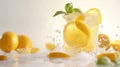 Generative AI Illustration a glass of fresh sliced lemon in soda water and mint isolated on white background with splash water Royalty Free Stock Photo