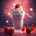 Glass of fresh strawberry milkshake, smoothie and fresh strawberries on pink. Healthy food and drink concept. Generative AI Royalty Free Stock Photo