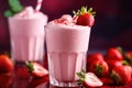 Glass of fresh strawberry milkshake, smoothie and fresh strawberries on pink. Healthy food and drink concept. Generative AI Royalty Free Stock Photo