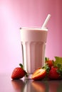 Glass of fresh strawberry milkshake, smoothie and fresh strawberries on pink. Healthy food and drink concept. Generative AI Royalty Free Stock Photo