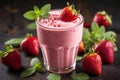 Glass of fresh strawberry milkshake, smoothie and fresh strawberries on pink. Healthy food and drink concept. Generative AI Royalty Free Stock Photo