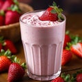 Glass of fresh strawberry milkshake, smoothie and fresh strawberries on pink. Healthy food and drink concept. Generative AI Royalty Free Stock Photo