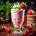 Glass of fresh strawberry milkshake, smoothie and fresh strawberries on pink. Healthy food and drink concept. Generative AI Royalty Free Stock Photo