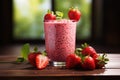 A glass of fresh strawberry milkshake, Strawberry smoothie with chia seeds and mint. Healthy food and drink concept. Generated by Royalty Free Stock Photo