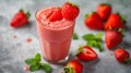 Generative AI Illustration a glass of fresh strawberry smoothie with strawberry fruits on concrete floor Royalty Free Stock Photo