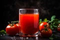 A glass of a fresh tomato juice near fresh ripe tomatoes on a black background. Created with Generative AI Royalty Free Stock Photo