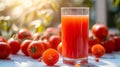 Generative AI Illustration glass of fresh tomato juice with sliced tomato on white table with natural green background Royalty Free Stock Photo