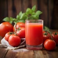 Glass of fresh tomatoes juice with tomatoes vegetables