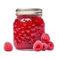 A glass of raspberry jam, fresh raspberries in front of it, with transparent background, Generative AI