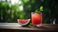 Glass of freshly made watermelon juice with lime and mint on wooden table outdoors, generative ai