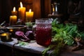 Glass of freshly poured beet juice on charming rustic background for a vibrant display