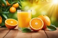 freshly squeezed juice on a wooden table, an orange garden, on the background of a plantation of orange trees to the