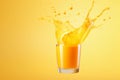 Glass of freshly squeezed orange juice with liquid splashes on orange background, copy space. AI generated Royalty Free Stock Photo