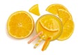 Glass of freshly squeezed orange juice with sliced fresh oranges. Isolated on white. Top view Royalty Free Stock Photo