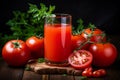 Glass of freshly squeezed tomato juice with ripe red tomatoes on a rustic wooden table Royalty Free Stock Photo