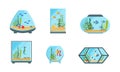 Glass Freshwater Aquarium Tanks Types with Algae and Floating Fish Vector Set Royalty Free Stock Photo