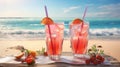 a glass of freshy sparkling soda on the beach by generative AI