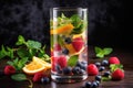 glass of fruit-infused water with floating pieces of fruit and mint leaves