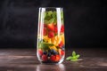 glass of fruit-infused water with floating pieces of fruit and mint leaves