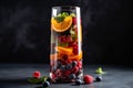 glass of fruit-infused water with floating pieces of fruit and mint leaves