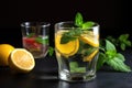 glass of fruit-infused water with lemon slice and sprig of mint