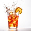 Glass of fruit tea with a splash on a plain white backg - product photography