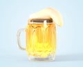 Glass full of beer with bubbles and white foam 3d render. Realistic of clear mug with gold frothy drink, mockup of Royalty Free Stock Photo