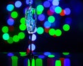 glass full of champagne against christmas lights. Holiday. Party Royalty Free Stock Photo