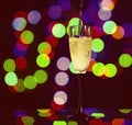 glass full of champagne against christmas lights. Holiday. Party Royalty Free Stock Photo