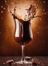 A glass full of chocolate splashing on the table with chocolate pieces Generative AI Royalty Free Stock Photo