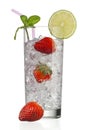 Glass full of ice cubes with strawberries and decorated with lemon