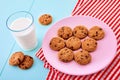 A glass full of milk, chocolate chip cookies in a pink plate and a red tablecloth on blue wooden table. Royalty Free Stock Photo