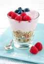 Glass full of yoghurt, muesli and berries