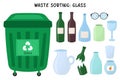 Glass garbage sorting set. Green trash can for glass waste with bottles and tableware