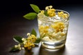 a glass with a garnish of a Osmanthus flower - generative Ai illustration