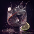 Glass of gin and tonic with ice cubes, splash and a slice of lime in the background Royalty Free Stock Photo