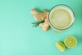 Glass of ginger beer and ingredients on mint background